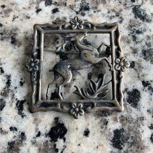 VTG 1940s Sterling Silver Deer Stag Scene Brooch 2” Pin 12 Grams